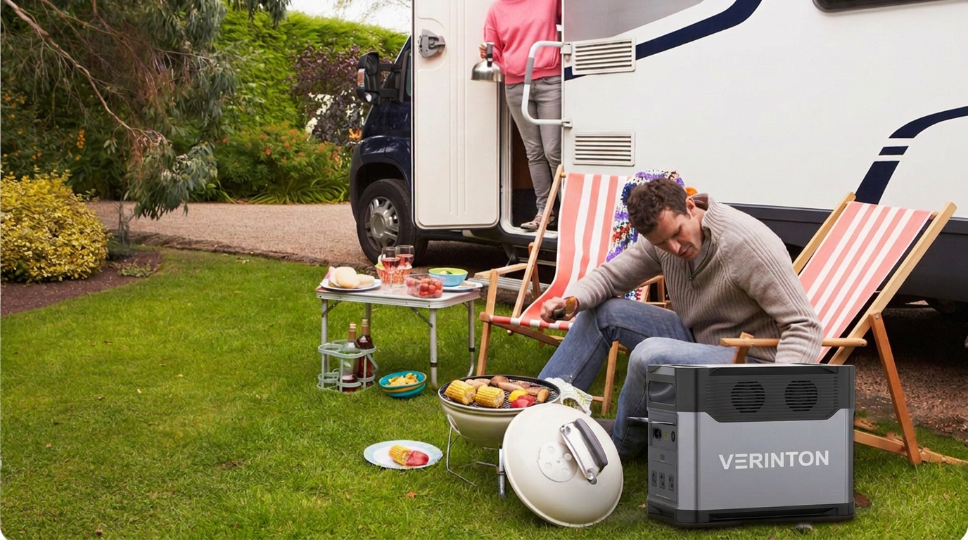 VERINTON Essential 1200 powering a picnic and grill beside a motorhome